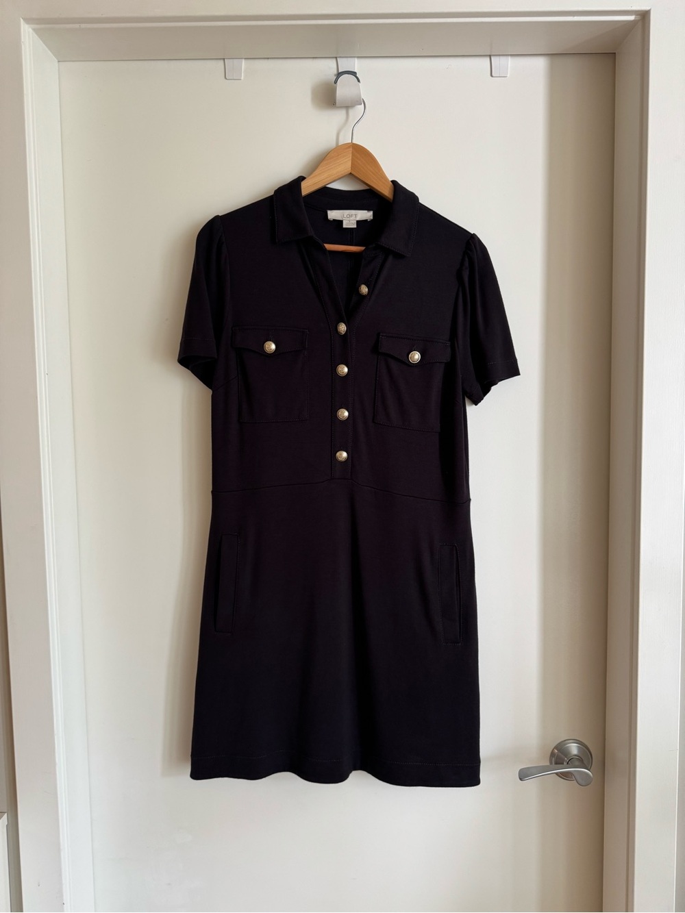 LOFT Black Polo Mini Dress with Gold-Tone Buttons